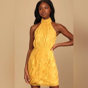 Lulus Chic Demeanor Yellow Floral Jacquard Halter Mini Dress
